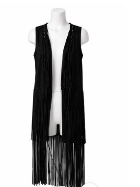 Hot & Delicious western Black Fringe Cowgirl Sleeveless boho hippie vest size L